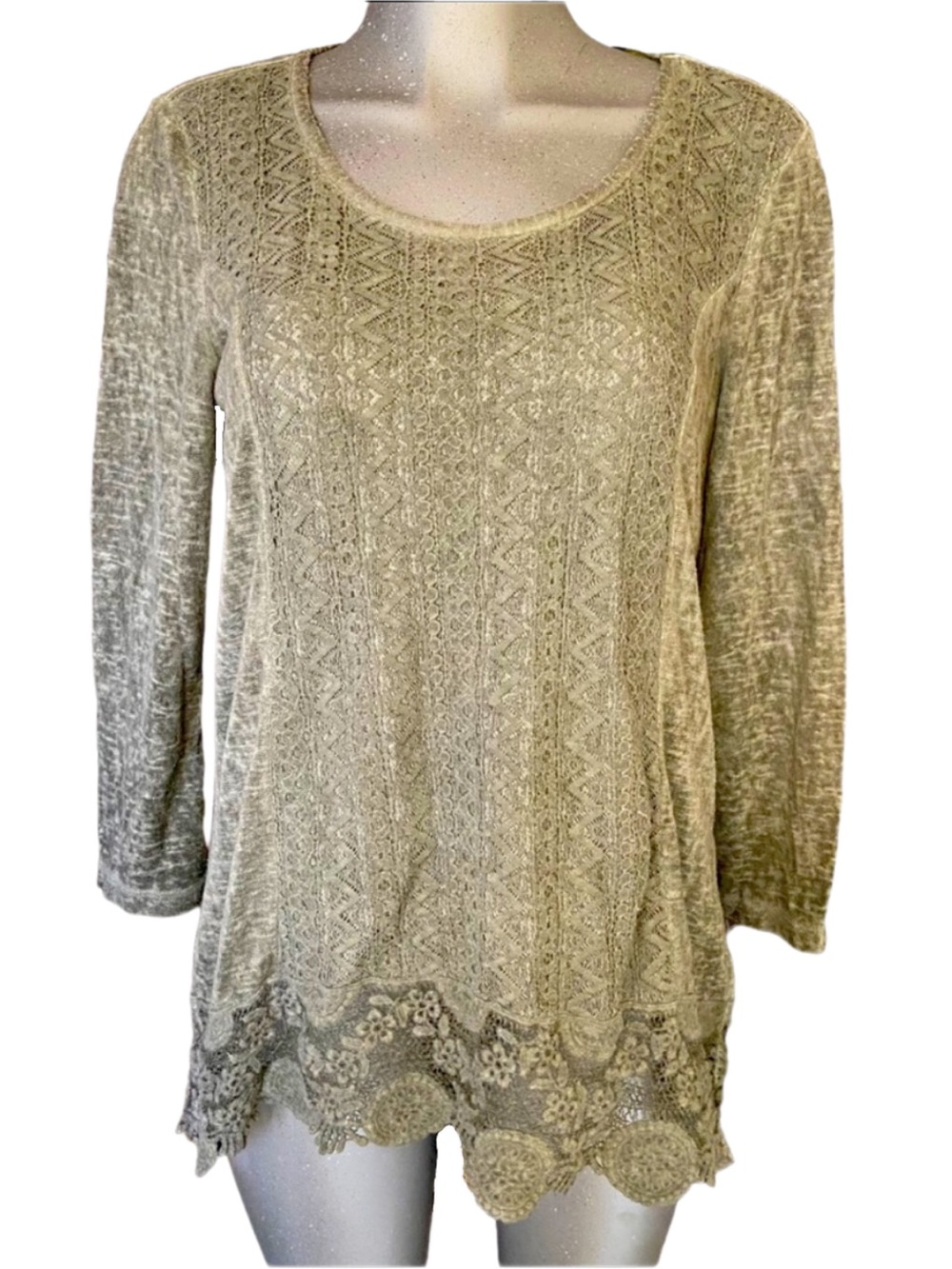 Style & Co Tunic Top Fairy Grunge Indie 3/4 Sleeve Sage Green Lace Hem Sz Medium